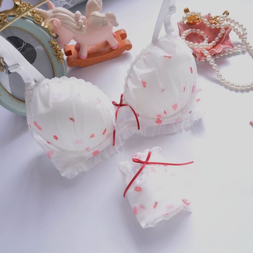 Japanese white pink printed film cup without rims fresh girl cute push up sexy underwear bra set