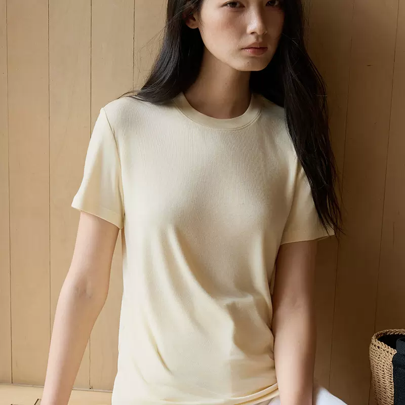 天丝莫代尔桑蚕丝短袖女夏季圆领羊毛外穿T恤修身显瘦百搭打底衫