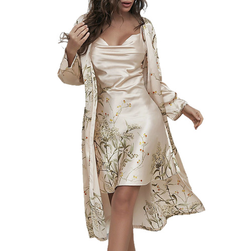 Homecoming Set of 5 Simple Prints Cherry Blossom Nightgown Set for Women Thin Robe Tank Shorts Tank Dress Set