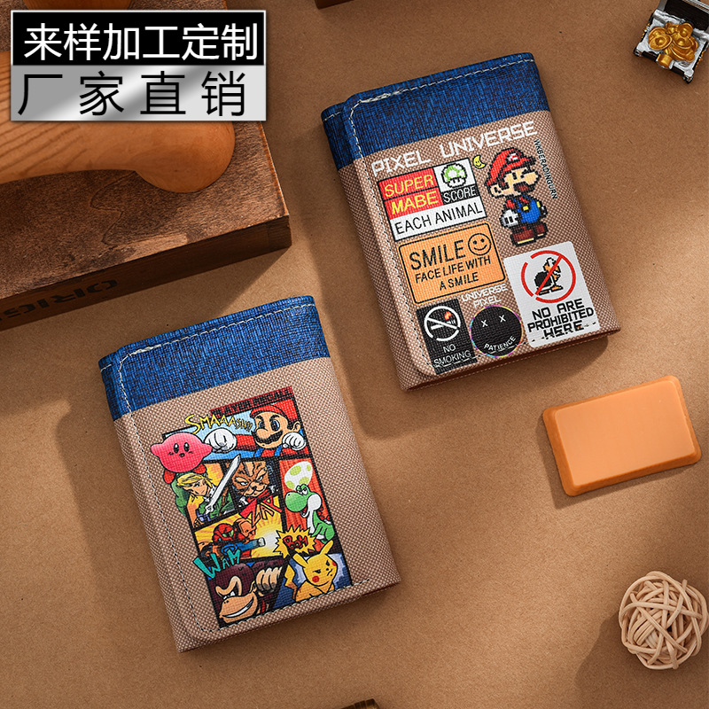 Super Mario Wallet, Men's Coin Purse, Two-in-One Tri-fold, Denim, Durable, Trendy Style for College Students