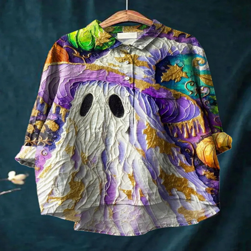 Halloween Cute Witch Digital Print Women's Casual Cotton and Linen Long Sleeve Casual Loose Shirt Halloween Cute Witch Digital Print Women's Casual Cotton and Linen Long Sleeve Casual Loose Shirt