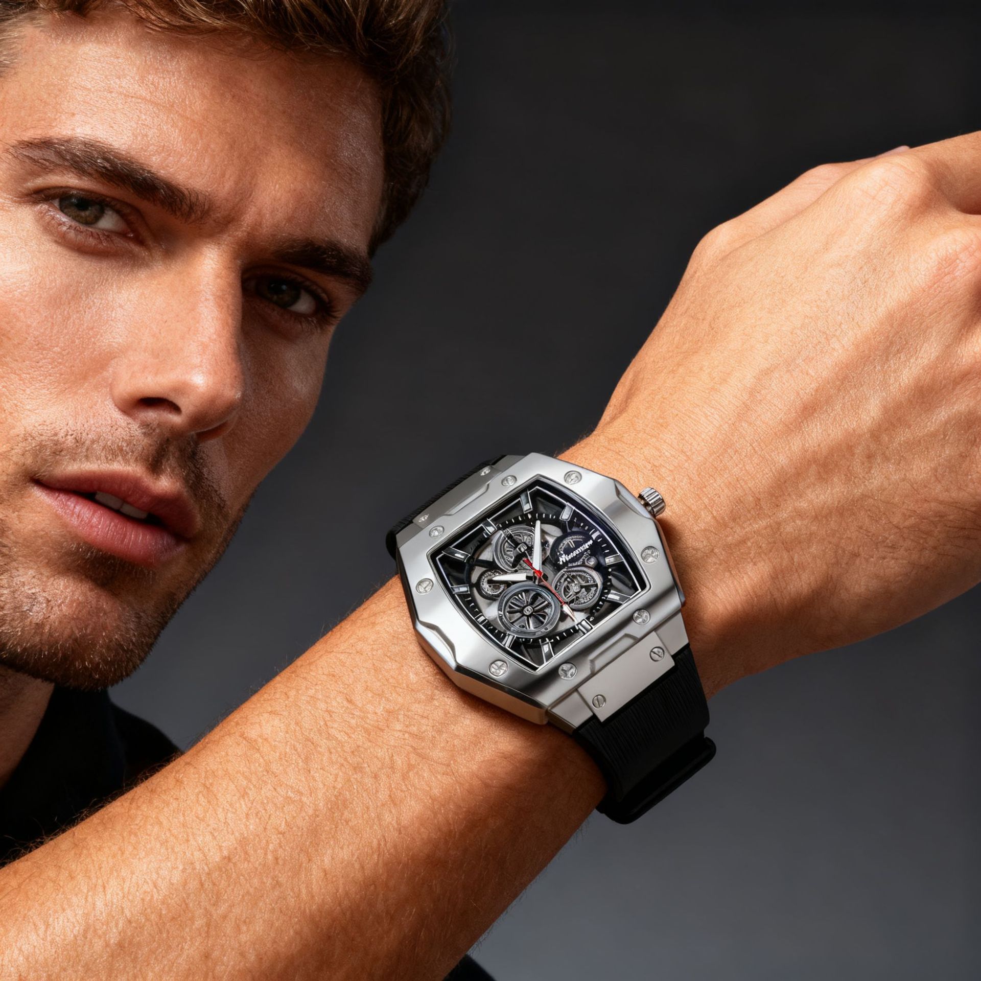 New foreign trade men's barrel watch with hollow dial, non-mechanical silicone strap, trendy and cool business quartz watch
