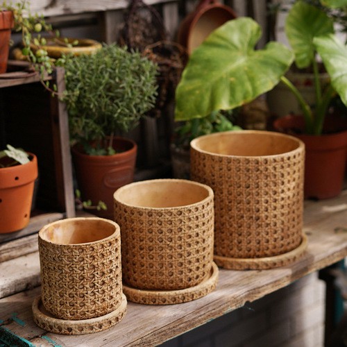 European retro cement flowerpot Mediterranean indoor potted woven bamboo personalized creative green plant pot large size