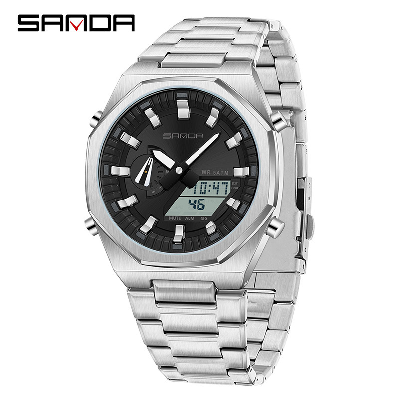 SANDA SANDA reloj electrónico sincronizado doble pantalla multifuncional reloj de hombre octogonal cuenta atrás reloj de pulsera de luz nocturna 3376