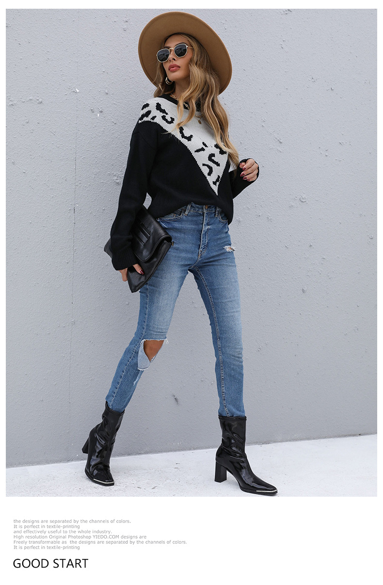 Pullover maglione sciolto a maniche lunghe con stampa leopardata a contrasto_voghion.com