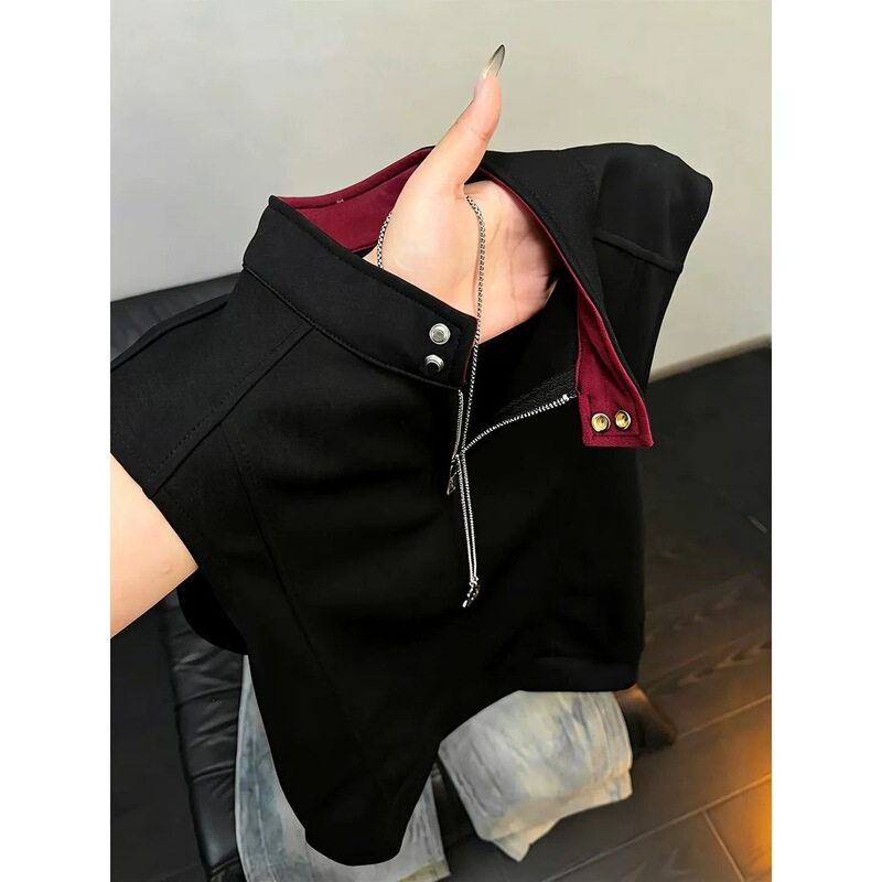 Black American-Style Polo Stand-Collar Vest for Men, Summer Half-Zip Sleeveless T-Shirt, High-End Cool and Stylish Heavyweight Sweatshirt