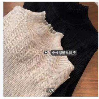2024年春秋新款长袖针织衫女修身打底上衣镂空蕾丝半高领内搭毛衣