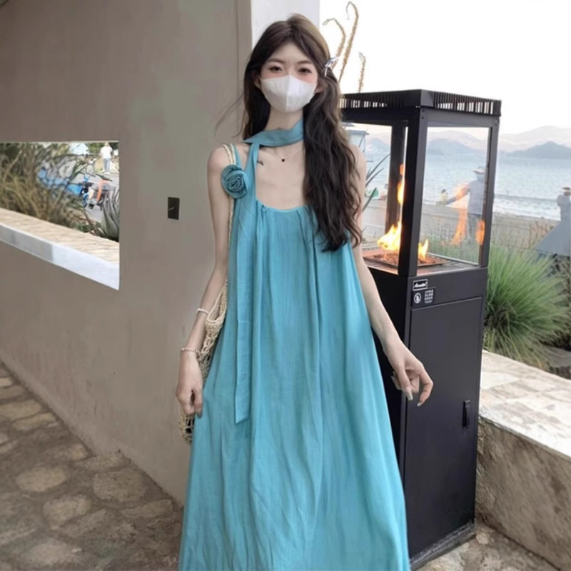 Vacation Style dress Lace-up Slip Skirt Women's Summer Elegant Loose Slimming A- line Skirt Blue Mid-length Skirt