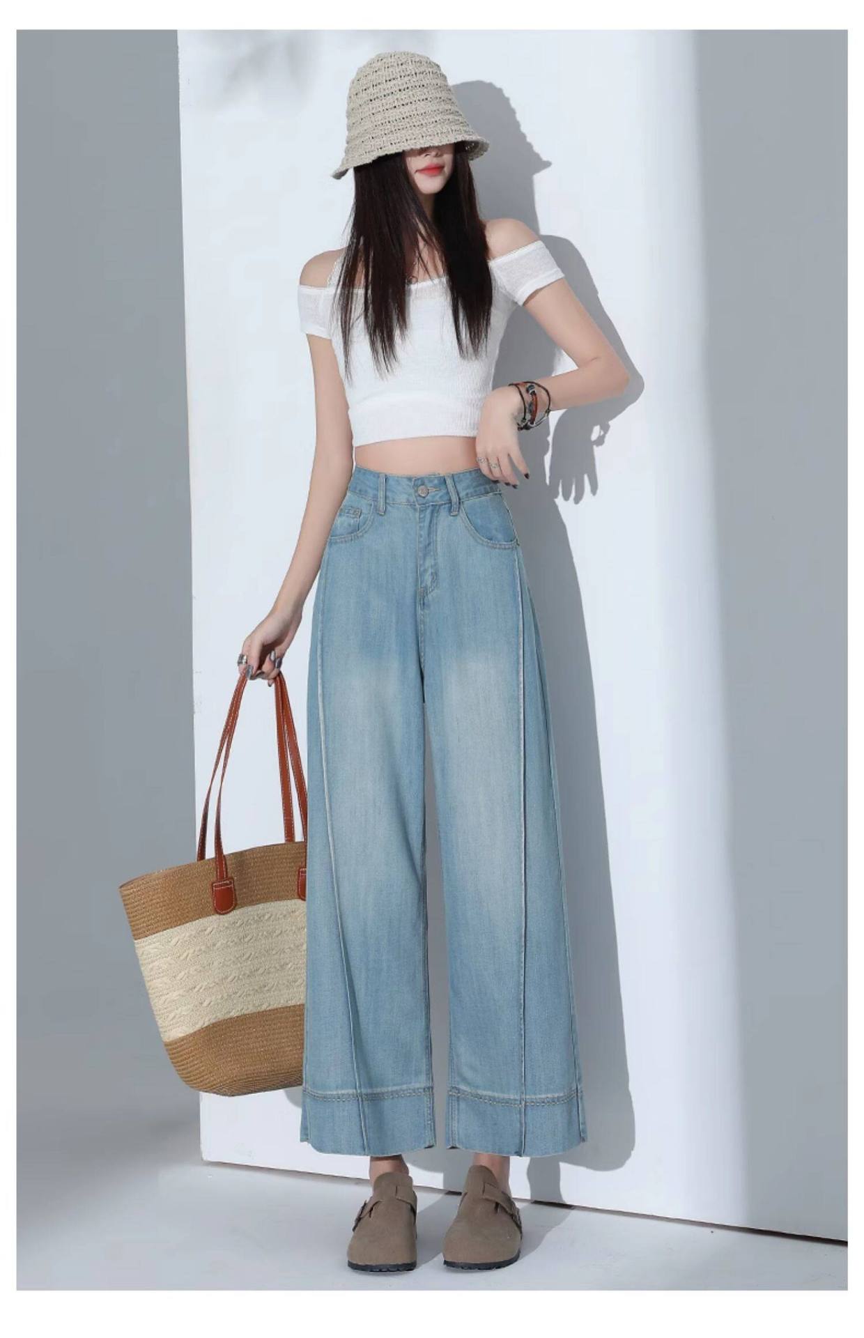 Quần jean ống rộng nữ cạp cao dáng suông vải Tencel xanh nhạt — Quần lửng màu xanh nhạt chi tiết 16