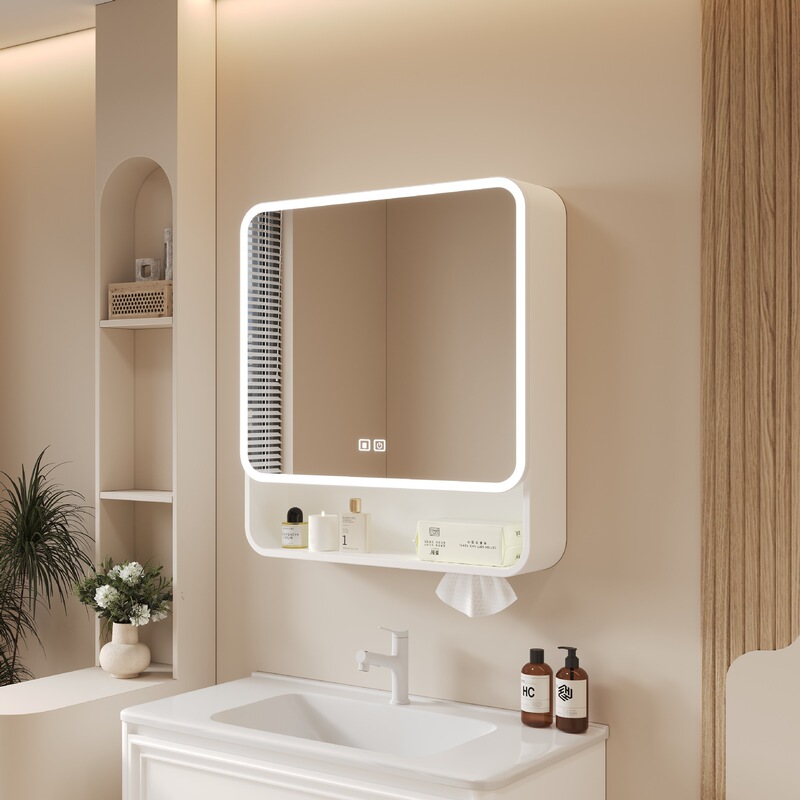 New Curved Space Aluminum Bathroom Mirror Cabinet Separate Bathroom Wall-Mounted Smart Mirror with Light Storage Integrated Box
