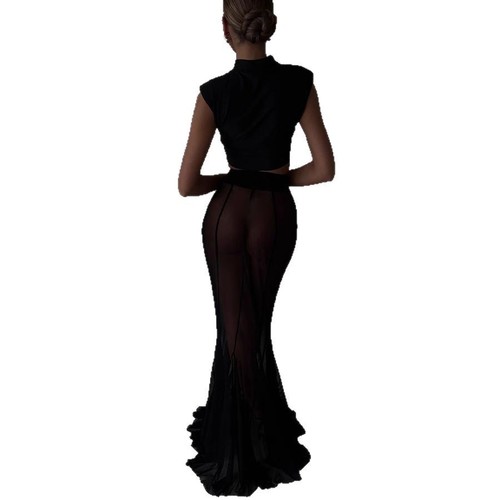 Cross-border 2025 European and American new long-sleeved satin blouse set INS loose elastic mesh skirt two-piece set 