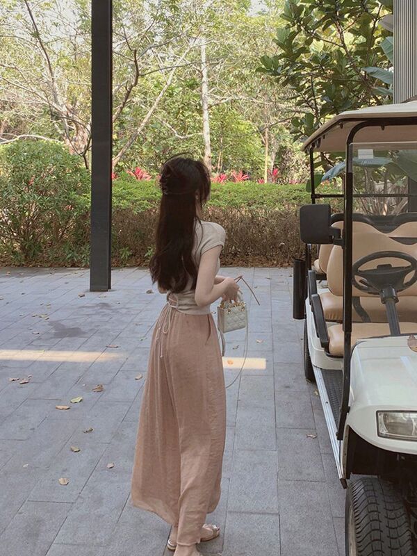ピンクのコットンとリネンのワイドレッグパンツスカート女性の夏の薄い新しいスタイルルーズドレープハイウエストストレートカジュアルパンツ9点パンツ|undefined