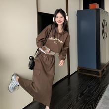 咖色卫衣时尚套装春秋女2024新款韩版学院风显瘦内搭半身裙三件套