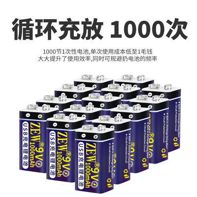 ZEW 9V充电电池9伏电池USB充电电池6F22报警器电吉他测温仪电池