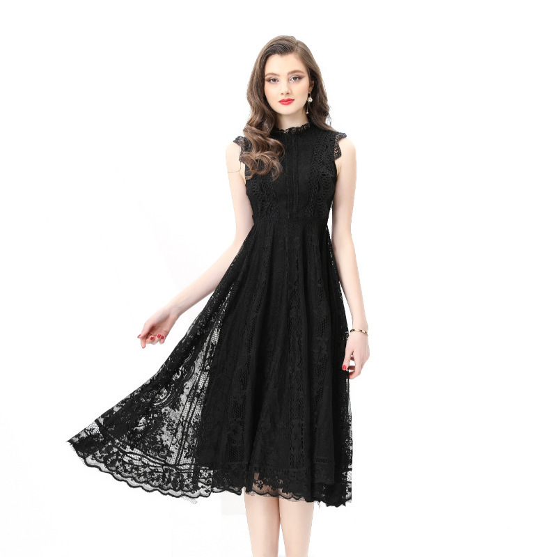 8832 Real Shot Spring and Summer New Women's Holiday Crewneck Pleated Lace Sleeveless Lace Midi Dress Vintage dress
