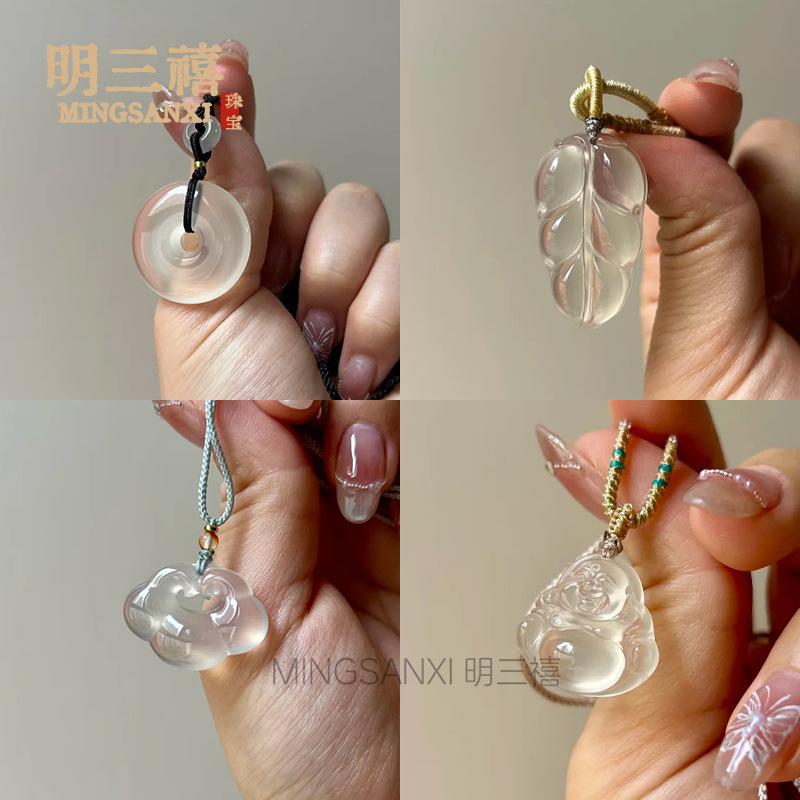 天然翡翠色高冰透玛瑙平安扣吊坠佛公精工树叶福豆葫芦祥云锁挂件