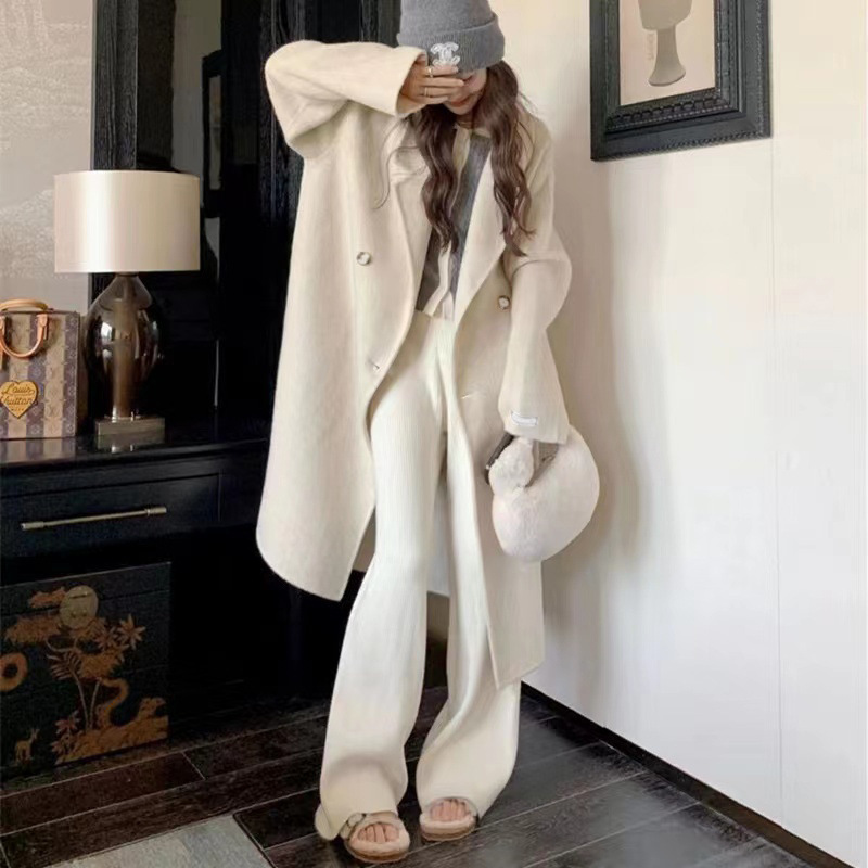 Petite Versatile Double-Faced Wool Coat for Women, Long Loose Fit, Slimming Korean Style Double-Faced Woolen Jacket, Casual and Versatile