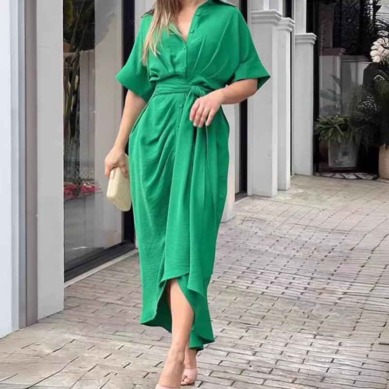 アマゾン2025欧米の婦人服の夏のストラップは腰の半袖の単列のボタンの純色のシャツの欧米のワンピースの女性を収めます。|undefined