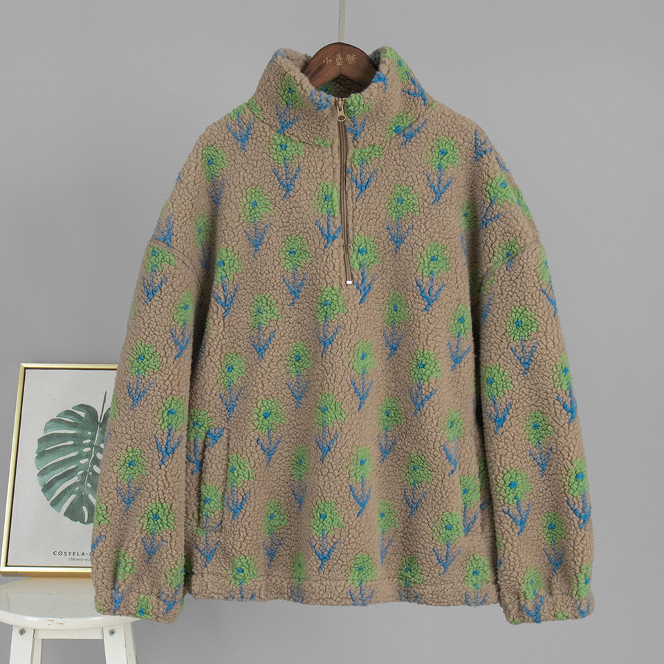 Áo nỉ lông cừu dệt jacquard nữ dáng rộng cổ cao nửa khóa kéo tay dài — Tím, màu xanh lá cây chi tiết 5