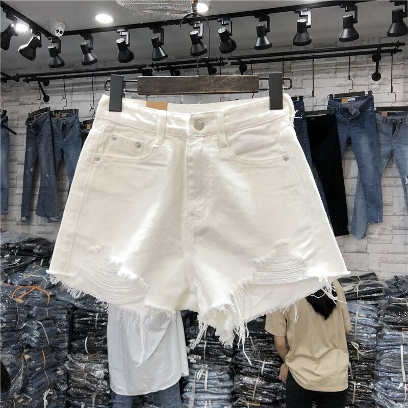 Ripped Denim shorts women's summer new Korean style loose all-match slimming Internet celebrity ripped wide-leg A- line hot pants