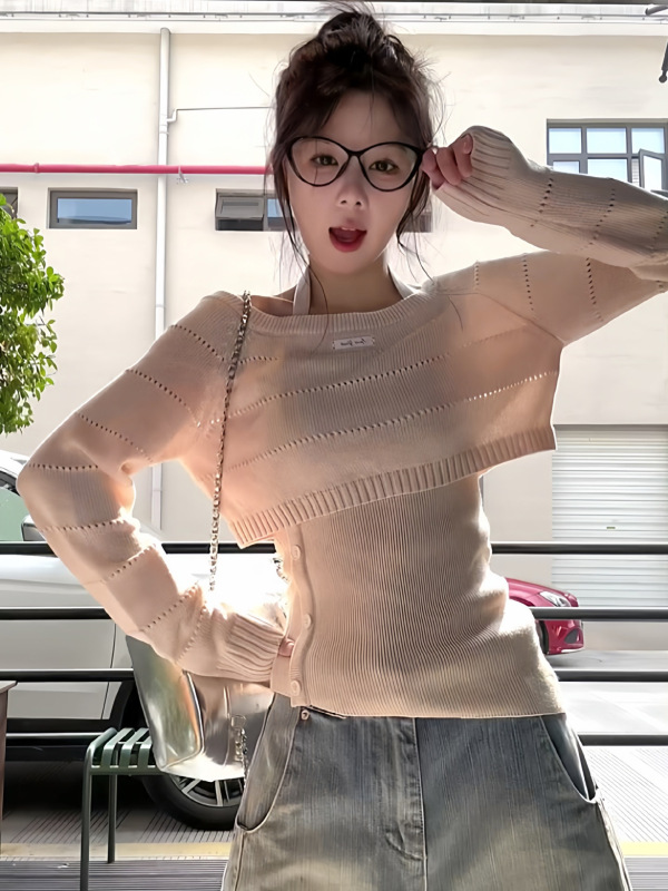 韩系chic早秋穿搭两件套修身挂脖背心套装针织衫镂空毛衣别致上衣|undefined