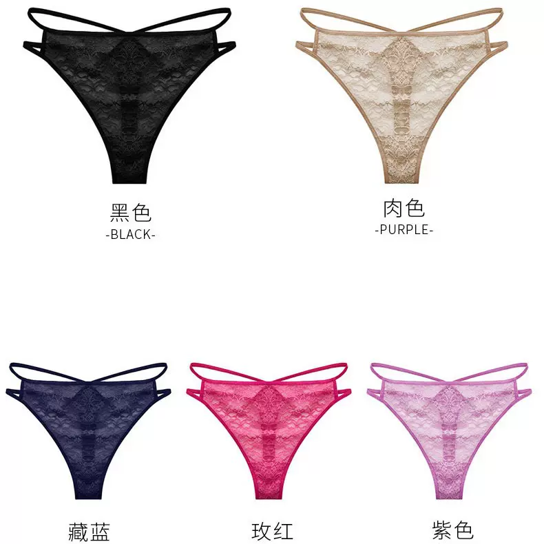 欧美外贸性感蕾丝丁字裤女纯棉裆交叉细带镂空透明情趣内裤女定制