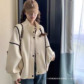 春秋小个子立领棒球服卫衣女2026爆款宽松开衫明线装饰含绒短外套