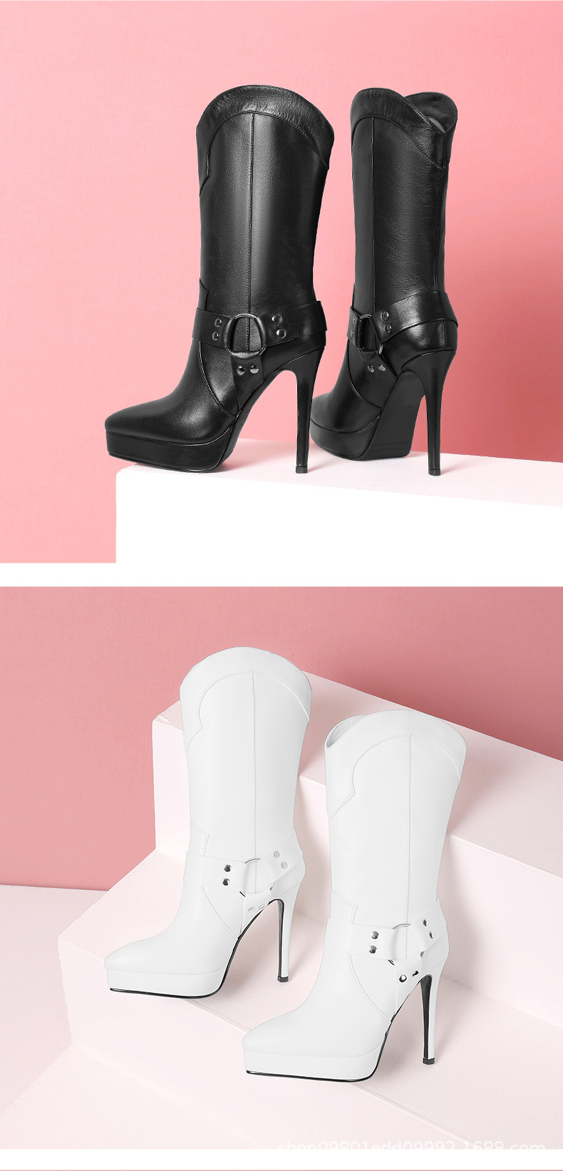 Boot nữ cổ cao ôm bắp chân mũi nhọn da thật, gót platform 10 cm, phong cách retro châu Âu — Lớp lót đơn màu trắng 10cm chi tiết 8