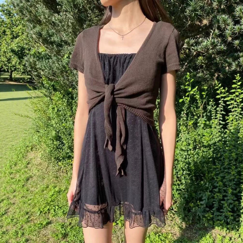 Bm Style New Dark Brown V-Neck Tie Short-Sleeve Knit Top for Women, Korean Simple Casual Versatile Short T-Shirt Top