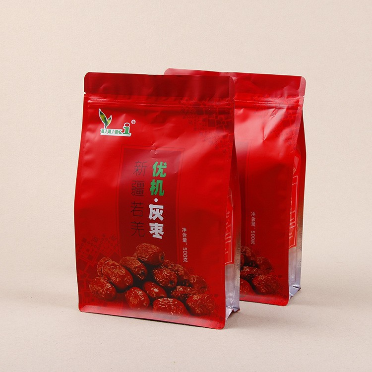 休闲零食自立袋八边封果干拉链平底铝箔密封包装红灰枣塑料包装袋
