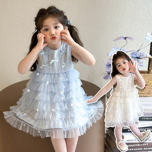 Girl's Bow Dress Veil Dress 2025 Summer New Fashion Girl's Stylish Princess Dress Small and Medium-sized Children's Dress