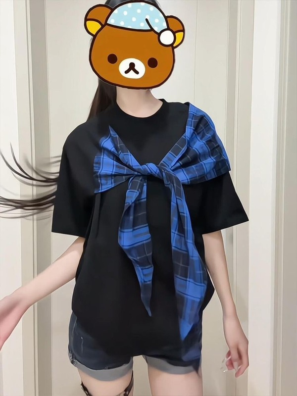 アメリカンレトロフェイクツーピースショール半袖Tシャツレディース2025年夏新作薄手ルーズレイヤードスリミングトップイン|undefined