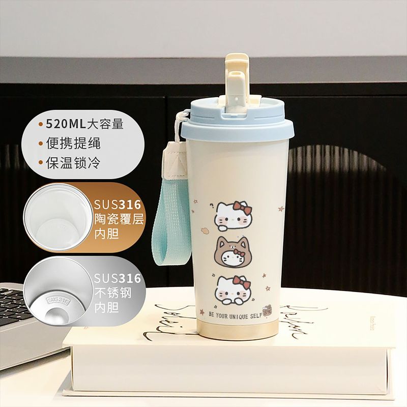 新款童趣咖啡杯316不锈钢保温杯卡通带吸管杯子双饮高颜值喝水杯|undefined