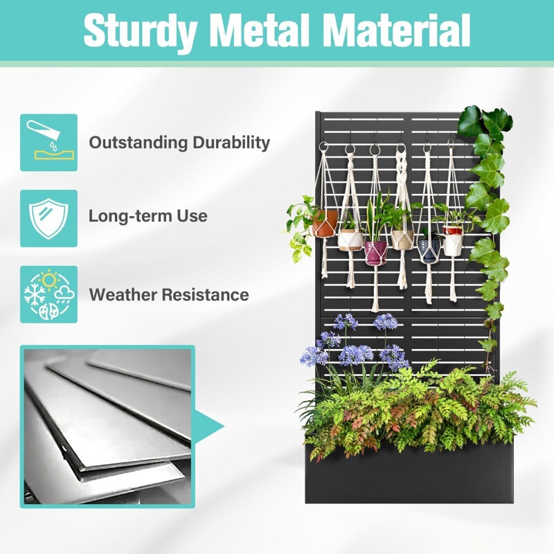Flower Bed Planter Box with Trellis, Elevated Garden Bed, Courtyard Privacy Planter, Climbing Plant Flower and Vegetable Planting Box