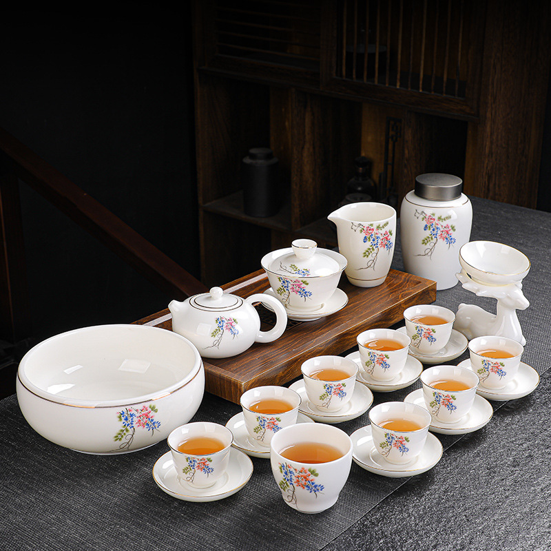 羊脂玉珐琅彩功夫茶具套装家用大套高档白瓷喝茶茶杯盖碗茶壶