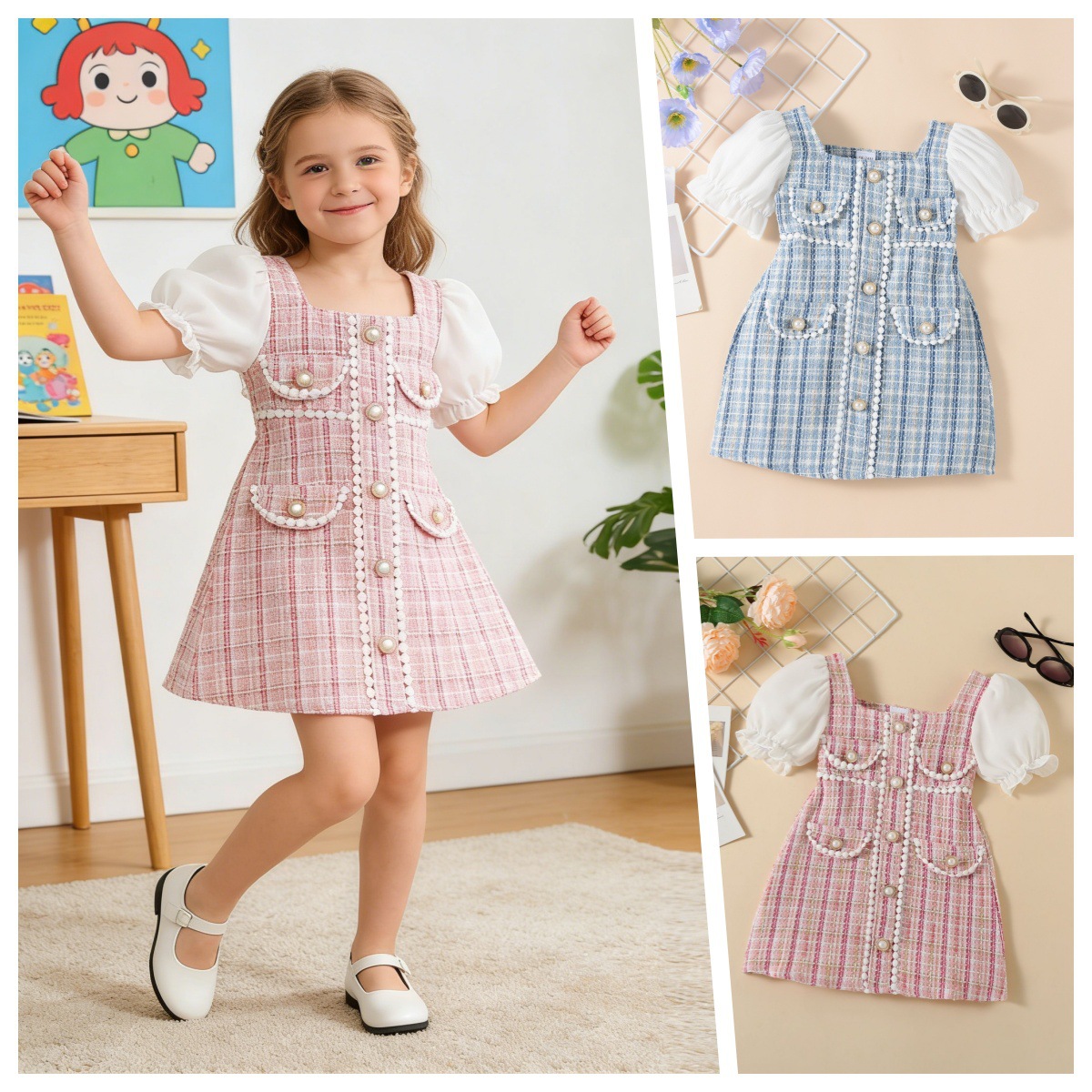 Baoxi children's clothing summer hot Chanel style chunky plaid pearl buckle decorative stitching puff sleeve girl dress