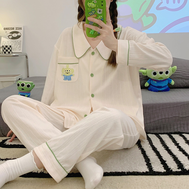 Plus tamaño pijamas casuales mujeres de algodón peinado jacquard Otoño e Invierno de manga larga cardigan lindo dulce niña traje de desgaste del hogar