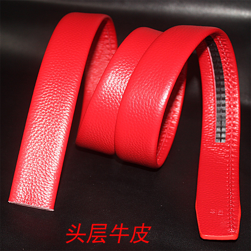 Red festive men's buttonless waistband wholesale from Guangzhou manufacturer, big red pure cowhide edge automatic buckle belt body