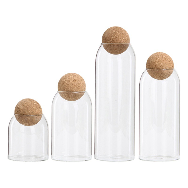 Taza de almacenamiento de vidrio casero corcho lata de té transparente granos botella de almacenamiento de granos granos esféricas lata de sellado de granos de café