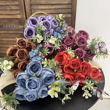 仿真12头把束油画玫瑰假花束人造绢花婚庆地塑料花高级感婚礼布置