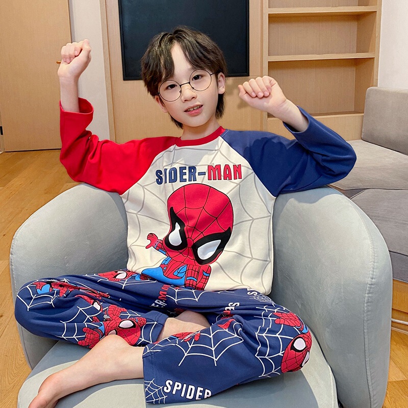 Children's Pajamas, Boys' Long-Sleeved Spring & Fall Pure Cotton Korean Style Cartoon Medium and Large Kidsren's Round Neck Boys' Home Clothes Robot