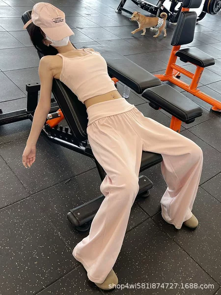 Pink High-Waisted Sports Pants for Women, Autumn Yoga Fitness Thin Pants, Petite Straight-Leg Casual Loose Wide-Leg Pants