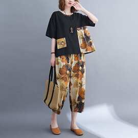 妈妈夏装新款女士套装棉质宽松显瘦大码女装印花九分裤两件套