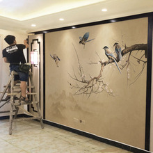 新中式电视背景墙纸手绘花鸟壁纸影视墙客厅壁画卧室5d立体墙布