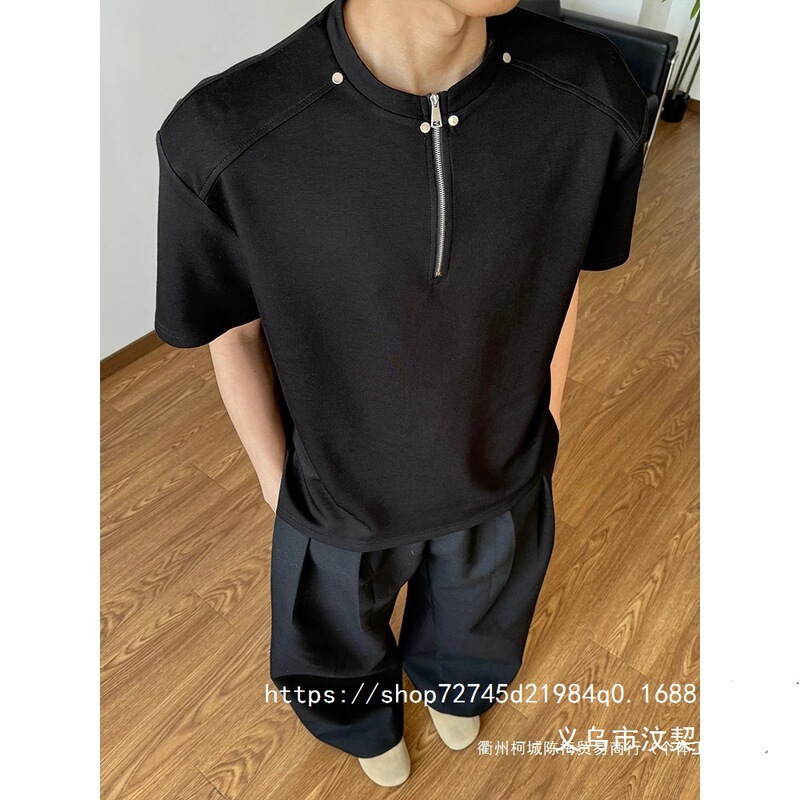 300g Space Cotton Heavyweight Short-Sleeve Men's Summer American-Style Half-Zip Regular Shoulder T-Shirt Spliced Plus-Size T-Shirt Wholesale