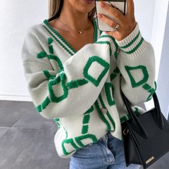 アマゾンタオル刺繍ジャカード V ネックニットカーディガン 2025 秋の新ヨーロッパとアメリカンスタイルのクロスボーダー外国貿易セーター女性のための