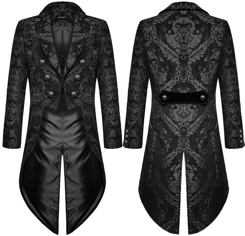 Devilish Fashion Men's Gothic Steampunk Tailcoat Jacket Black Brocade Wedding Cosplay Costume