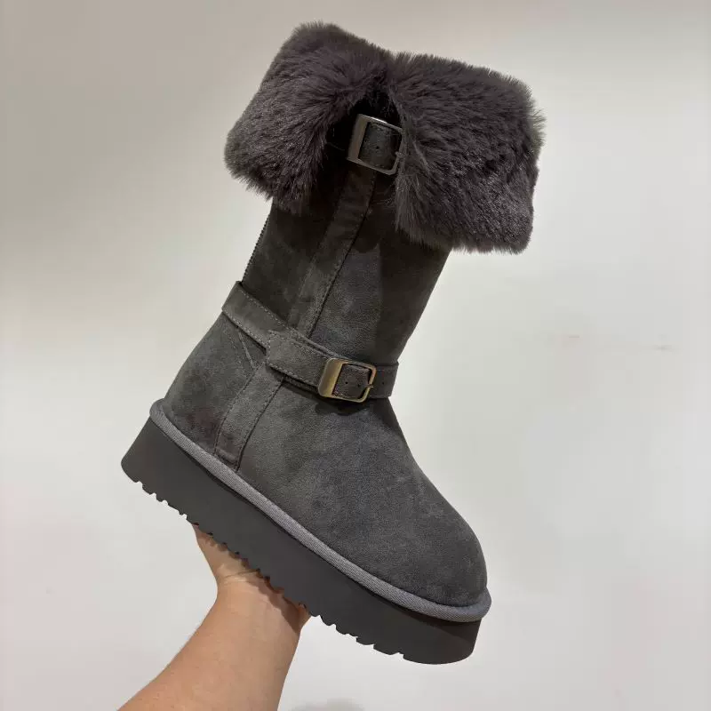 两穿长筒雪地靴女厚底骑士靴内增高7cm高筒灰色皮毛一体超高靴子