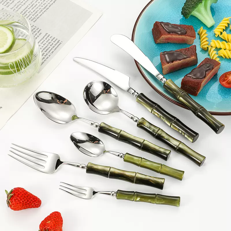 亚马逊304不锈钢创意竹节亚克力西餐具高颜值酒店家用刀叉勺套装