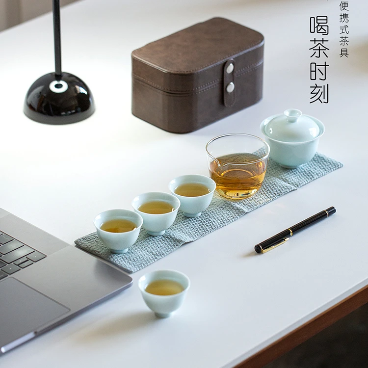 Travel Tea Set with Lidded Bowl, One Pot, Three Cups, Outdoor Portable Ceramic Lidded Bowl, Kung Fu Tea Cup, Tea Bowl